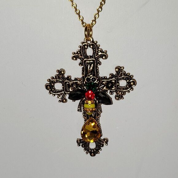 Artisan Filigree Cross Religious Gothic Steampunk Glass Bee Rhinestone Statement - Picture 1 of 10